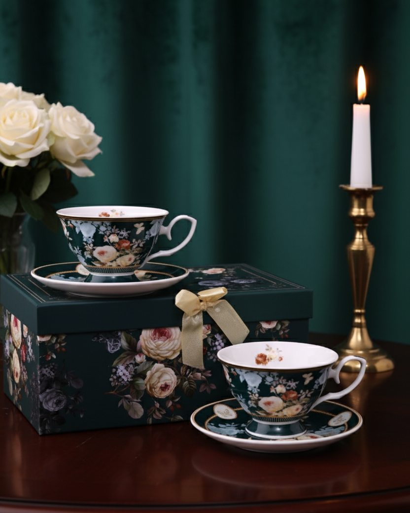 Emerald Bloom Tea Cup & Saucer - Set Of 2