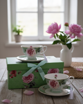 Peony Petals Tea Cup & Saucer Green - Set Of 2